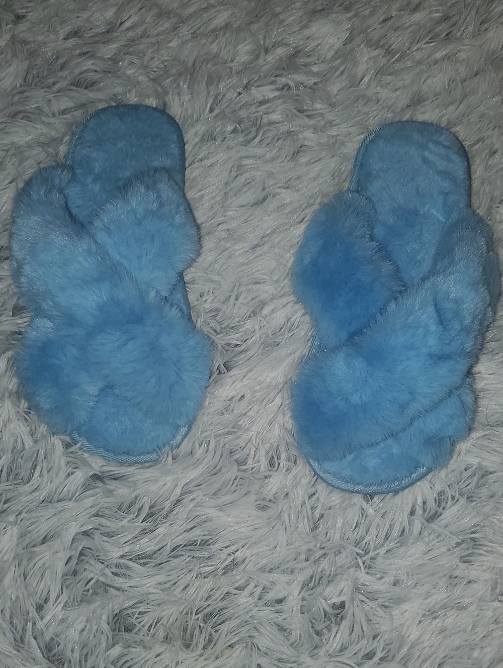 Blue Faux Fur Crossband Slippers